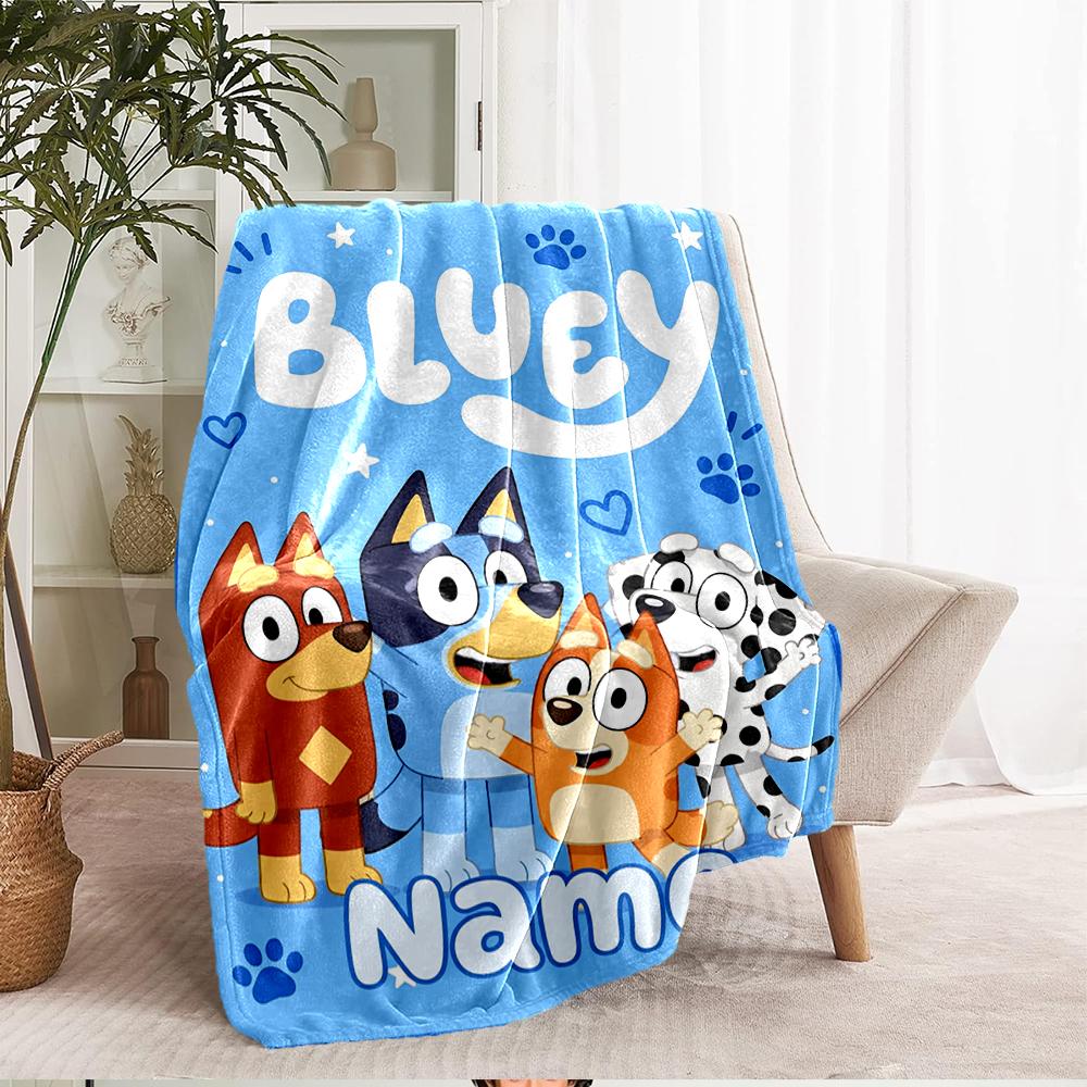 Custom Name Bluey Theme Printed Blanket - Perfect for Couch, Bed, Travel & Outdoor Use | Machine Washable, Cozy & Durable.
