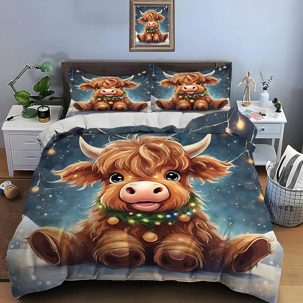 Highland Cattle Print Bedding Set Cute North American Duvet Cover 1 Duvet Cover 2 Pillowcases Adult and Kids Bedding Set Luxury