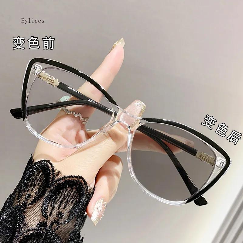 Men Women Luxury Photochromic Cat Eye Sunglasses Ultra Light Color Changing Myopia Eyewear Fashion Near Sight Goggle 0 ~ -4.0