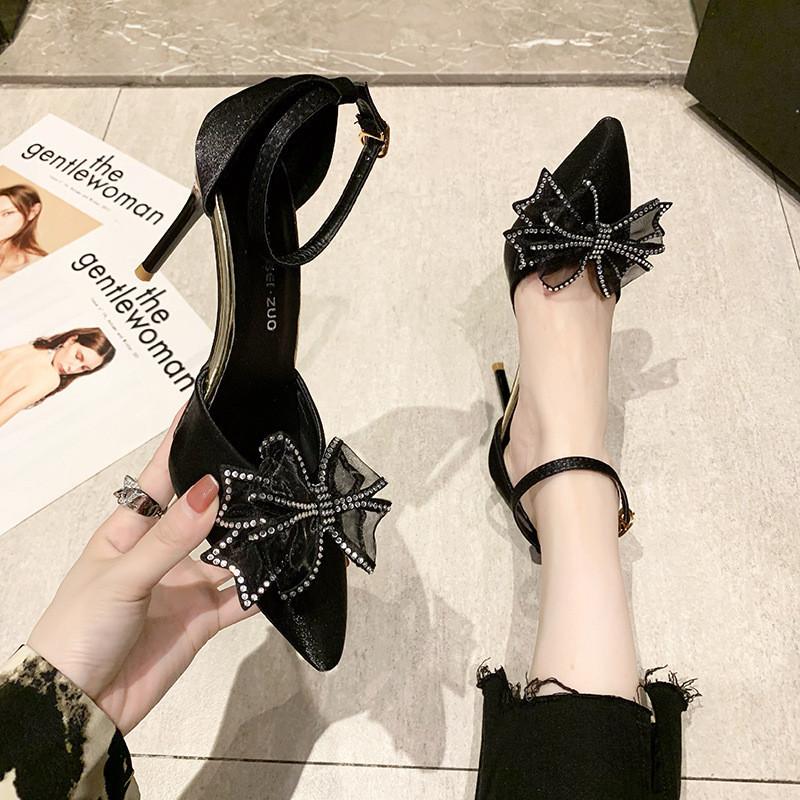 High Heel Shoes For Women With Butterfly Bow Water Dots Leathercombination For Daily Wear