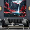 2D Red Tree Waterfall Tapestry Mountain Lake and Waterfall Landscape Wall Hanging