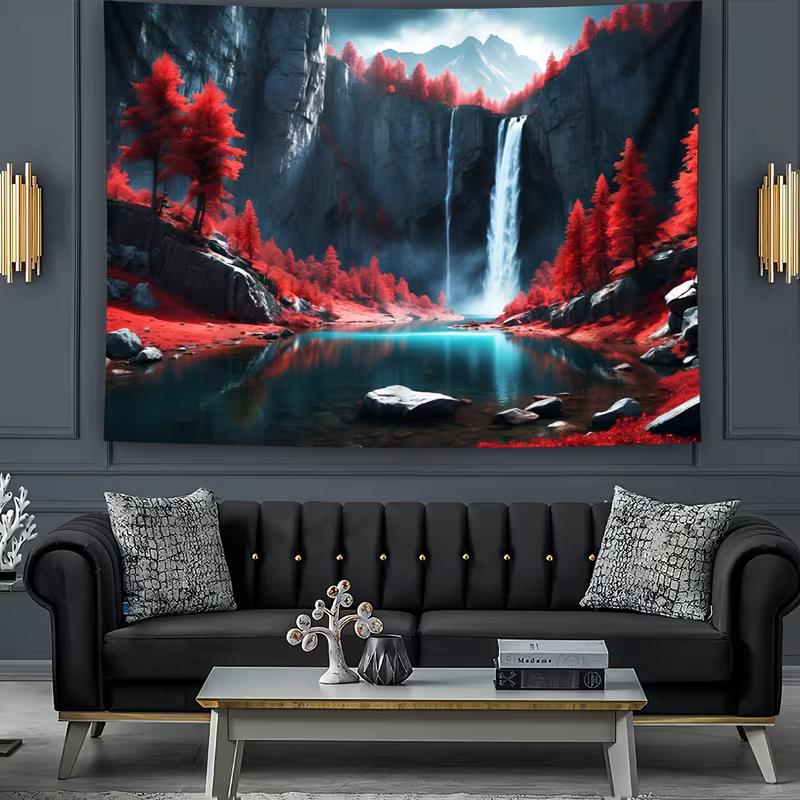 2D Red Tree Waterfall Tapestry Mountain Lake and Waterfall Landscape Wall Hanging