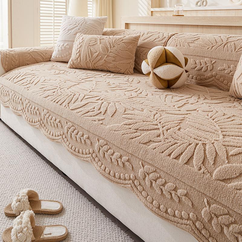 

1 шт. Толстый искусственный кроличий мех Зимний теплый чехол на диван - Элегантный бежевый с цветочными и лиственными узорами, Защитник дивана для 1-4-местных диванов 90*160cm