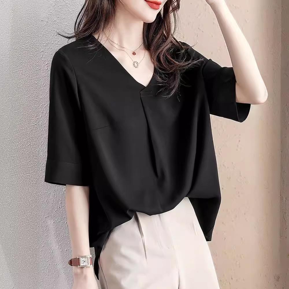 

Летняя женская шифоновая блузка с V-образным вырезом 2024: Свободный крой, короткий рукав, корейский стиль Small чёрный