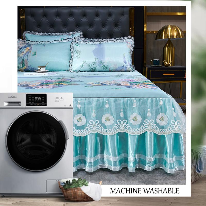 Blondertilpasset laken Luksus sengetøysett Romantisk ismatte sammenleggbare broderte laken Lin Sengetøy Queen Sengeteppe med skjørt