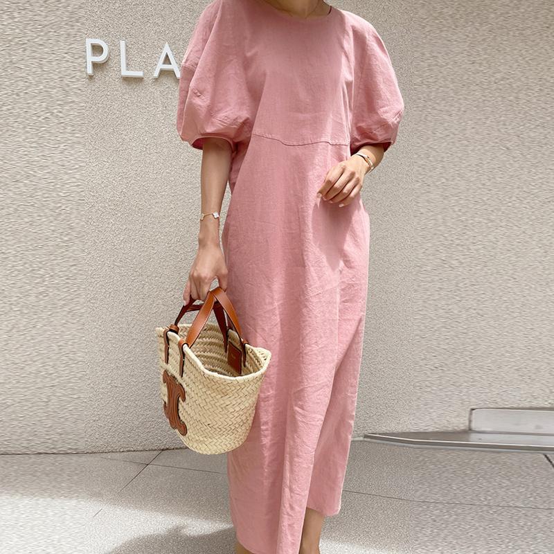 Johnature French Vintage Balloon Sleeve Crew Neck Dress Women Summer Korean Loose Casual Dresses