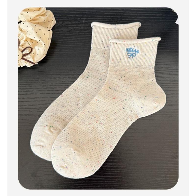 Boneless Short Tube Embroidered Bow Socks for Women, Spring and Summer Breathable Ballet-style Women's Socks, College-style Short Socks