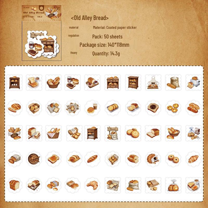 Mu Ran 50 Sheets Bread Cartoon Stickers: Decorative DIY Journal Pack with High-End Feel