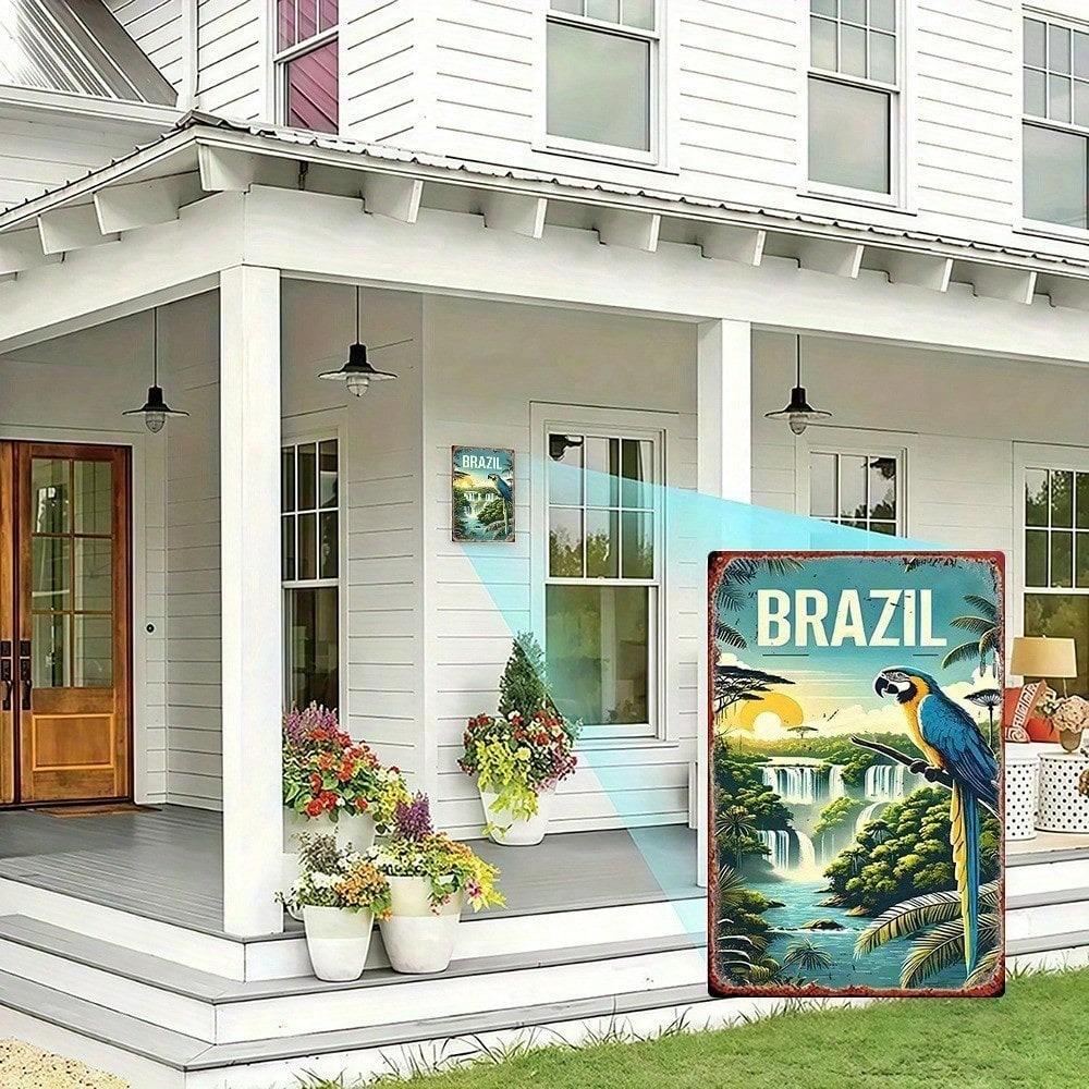Vintage Brazilian Parrot Tin Sign, 8x12 Inch Retro Metal Wall Art, Tropical Decor