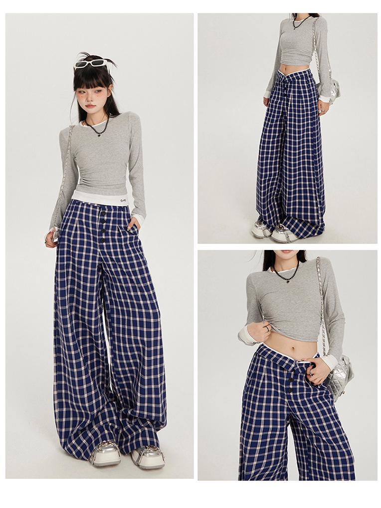 Women's High Waist Plaid Wide-Leg Casual Pants - Autumn Button-Down Style