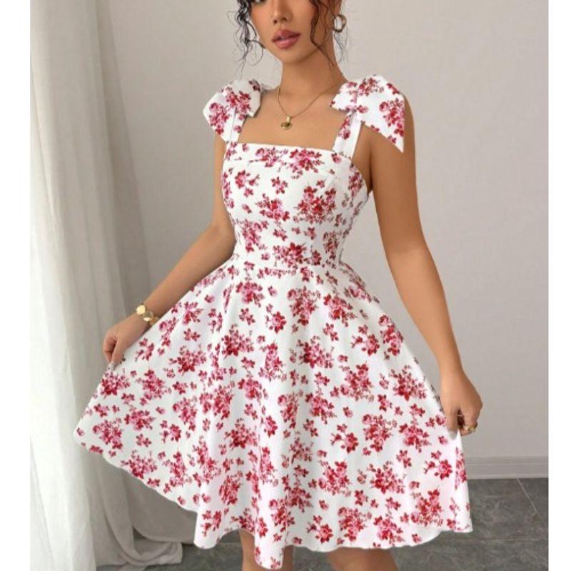 Small Sweet Fashion Floral Print off-Neck Open Back Elastic Waistband Lace-up Sleeveless A- line Sling Dress Skirt