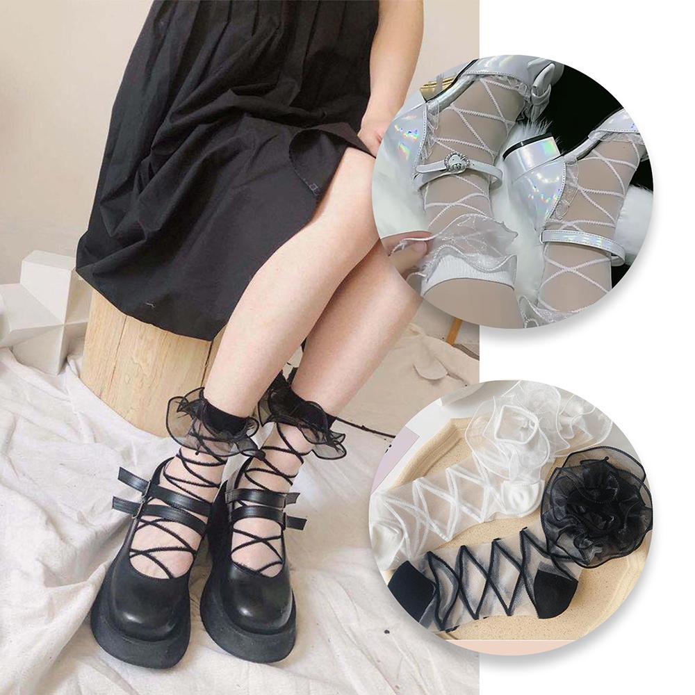 Women Lolita Organza Ruffle Ankle Socks, Summer Sheer Glass Silk Crisscross Strap Mesh Socks, Japanese Sweet Cosplay Short Socks