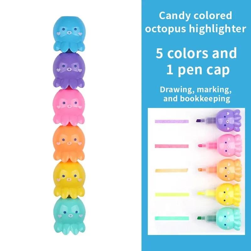 1pc 5-in-1 Octopus Shaped Highlighter Set - Unique and Fun Marker Pens with Adorable Octopus Design, Perfect for Labeling