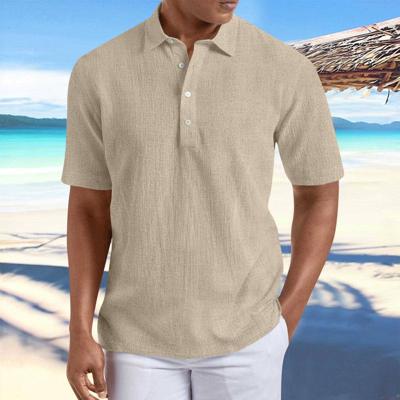 

Дизайнерские весенне-летние мужские повседневные хлопковые льняные рубашки с коротким рукавом, свободные рубашки L бежевый