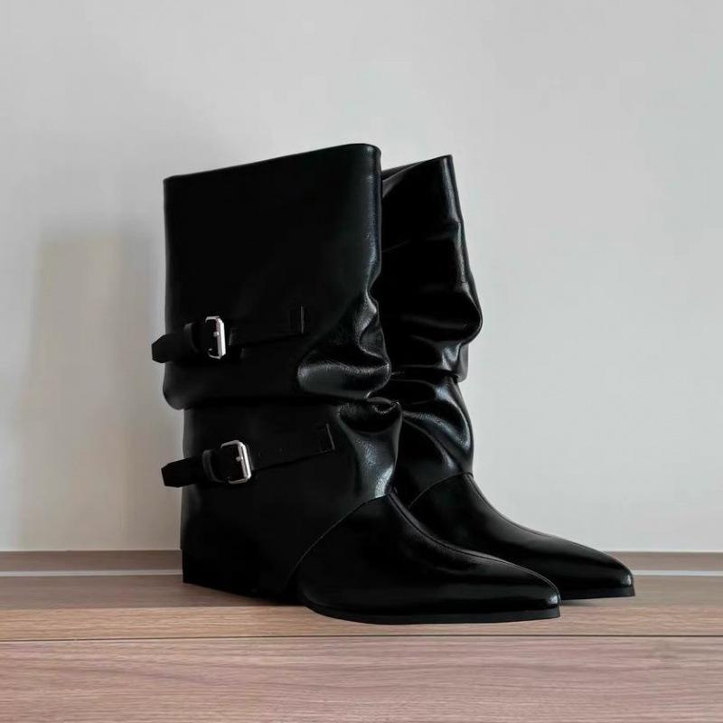 Cowhide Version~ New Niche Wide Tube Thigh Circumference Mid Tube Western Boots Women's Thick Heel Trousers Women's Boots Knight Boots