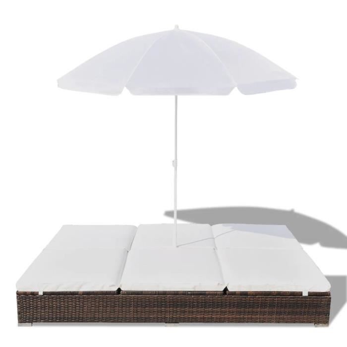 Chaise longue - vidaXL - Double - Résine tressée - Coussins amovibles - Parasol inclus
