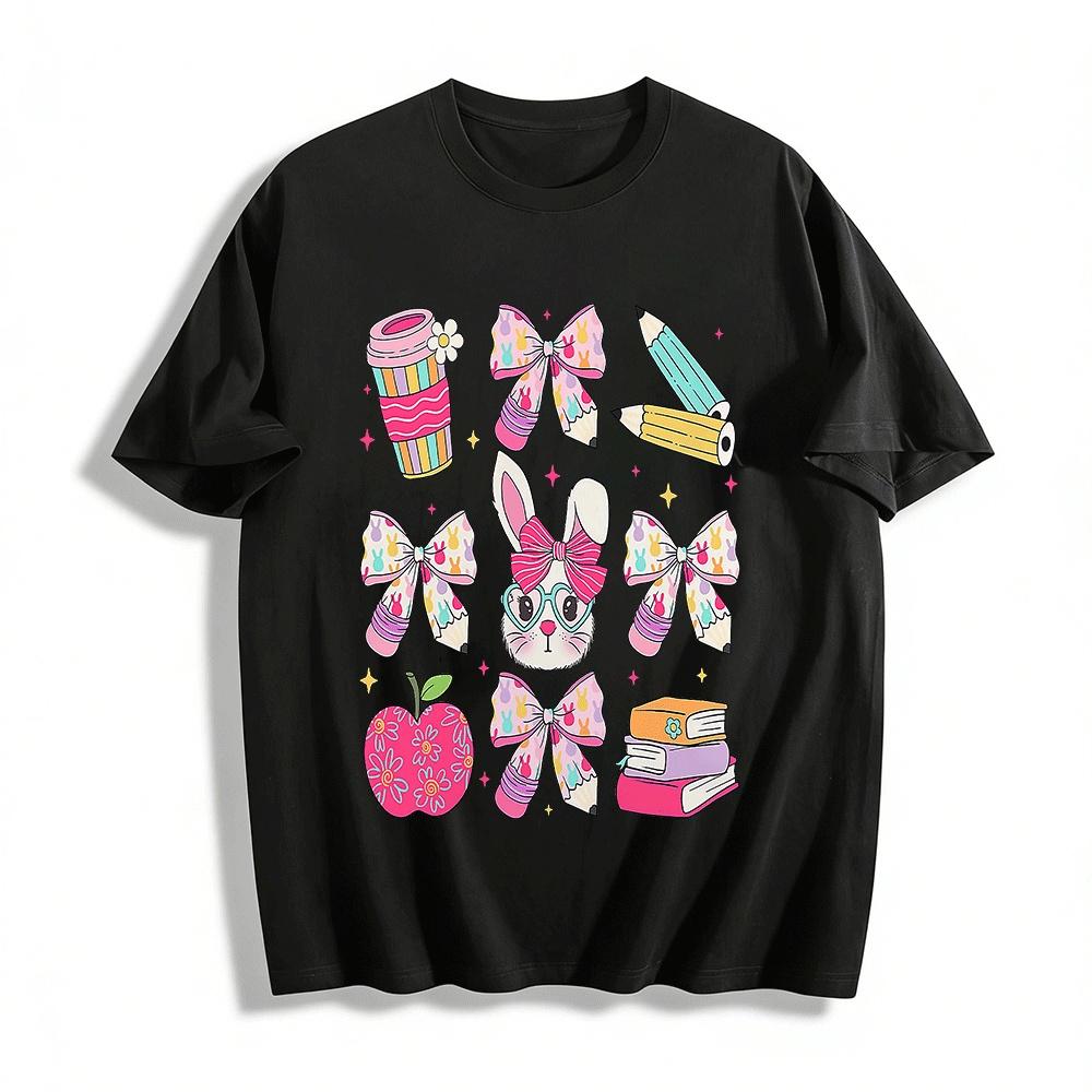 Cute Rabbit Bow Stationery Print Casual Top Pure cotton T-shirt XXS