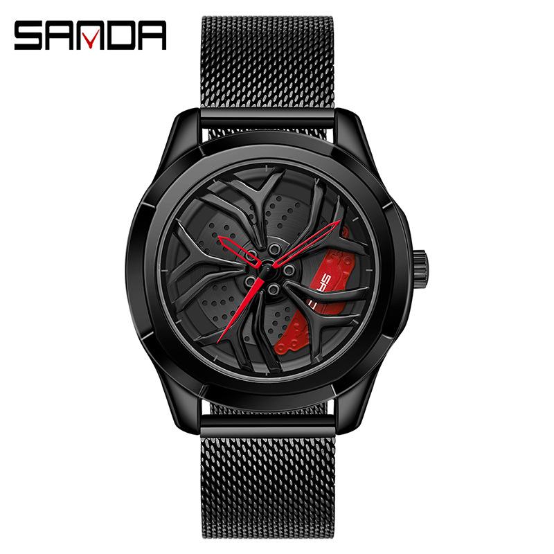

SANDA новый продукт, крутые часы на колесах автомобиля, модные деловые мужские часы, персональные кварцевые часы с полым диском и стальным ремешком
