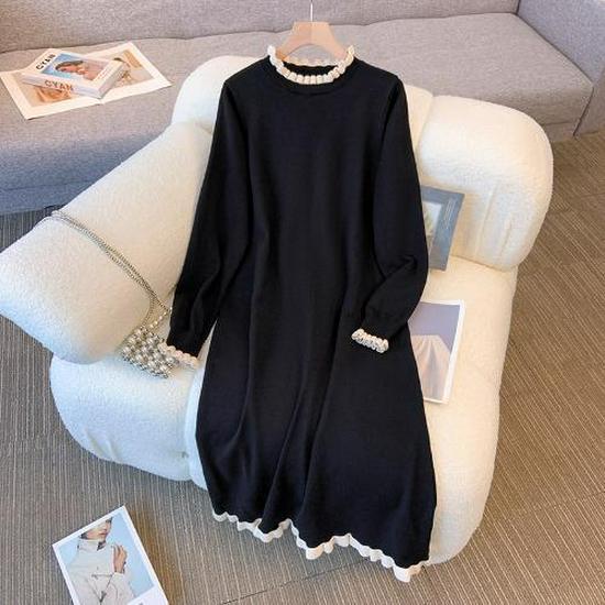 Plus Size Women s Knitted Sweater Dress - Autumn/Winter Trend - Conceals Silhouette, Loose Fit, Inner Layer Base L for 140-190 jin чёрный