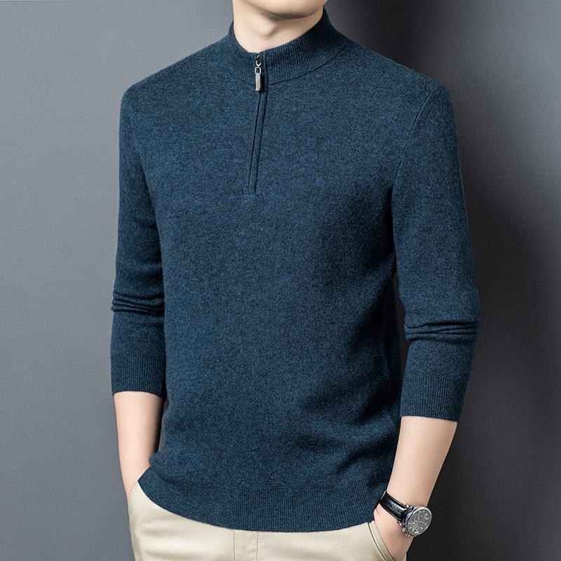 Men's 100% Pure Wool Half-Zip Thickened Sweater, High-End Solid Color Knitwear for Autumn/Winter