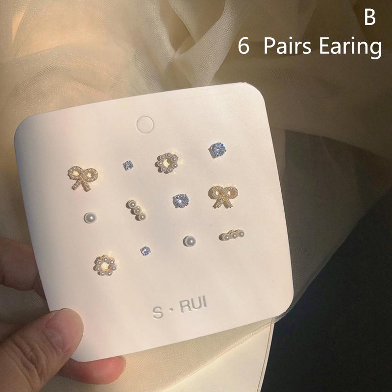 6Pair/Set Design Sense Mini Pearl Butterfly Diamond Earrings Sets Gentle Exquisite Jewelry Earrings Ear Decoration