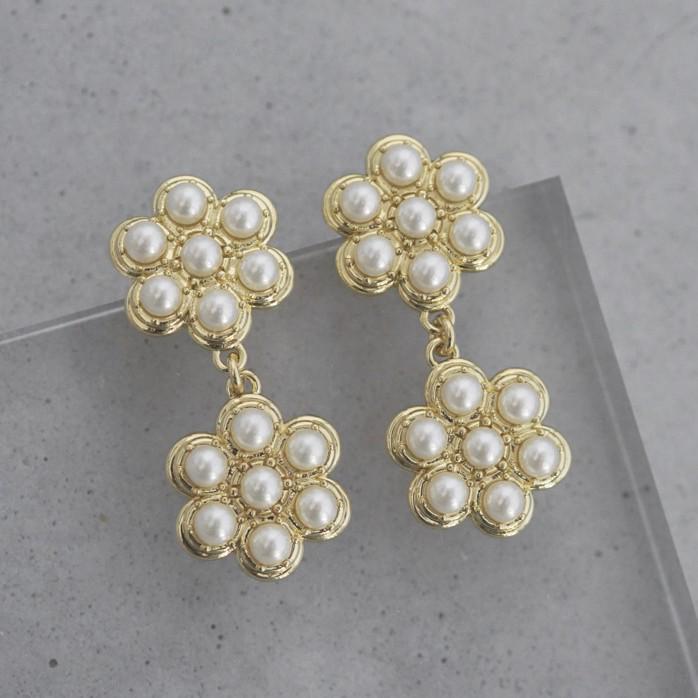 

Vintage French Brass Floral Pearl Pendant Earrings with S925 Sterling Silver Pins/Clips