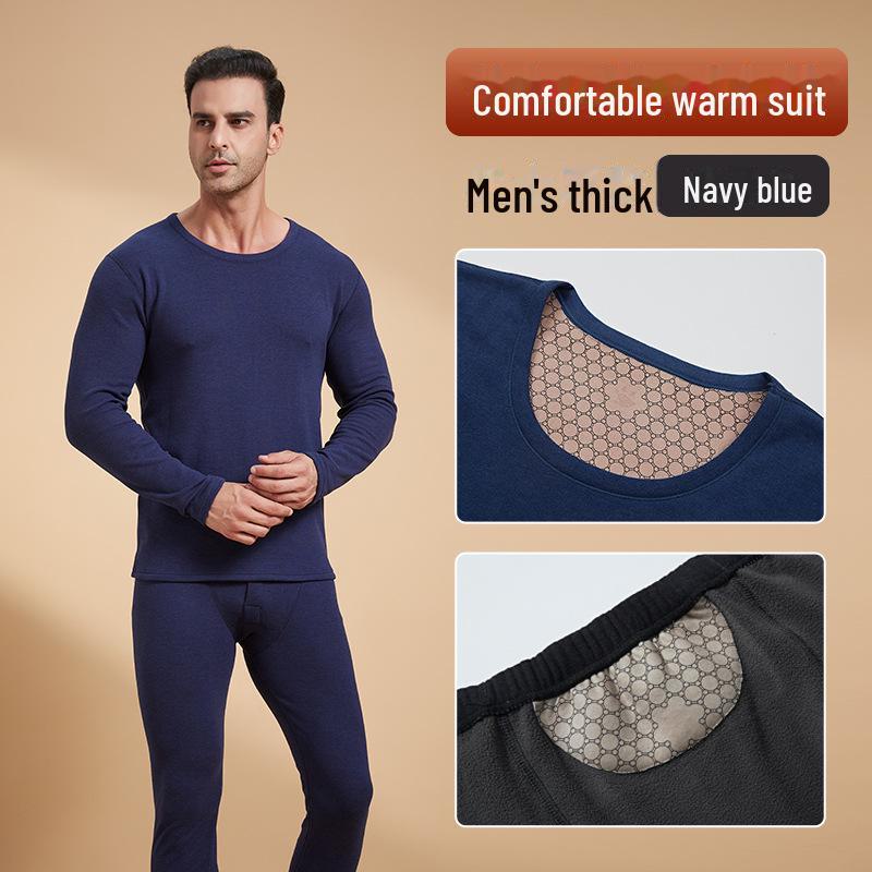 "Men's Black & Gold Patch Thermal Set: Velvet-Lined Autumn/Winter Underwear"