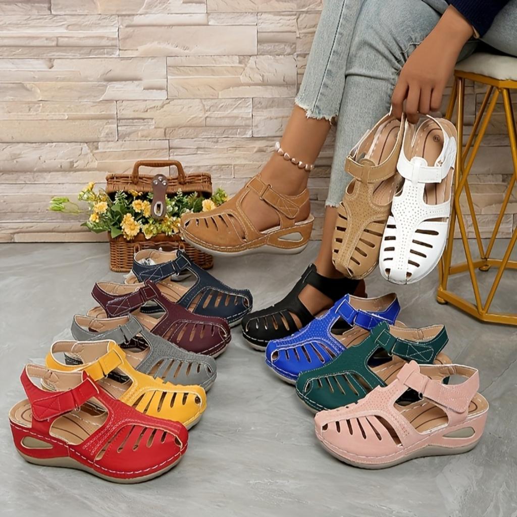 WOMEN'S SOLID COLOR SLOPE HEEL SANDALS WITH TOE STRAP - Comfortable Round Toe Design, Mid-height Heel, Synthetic Overlay Fabric and PU Sole, Sandals