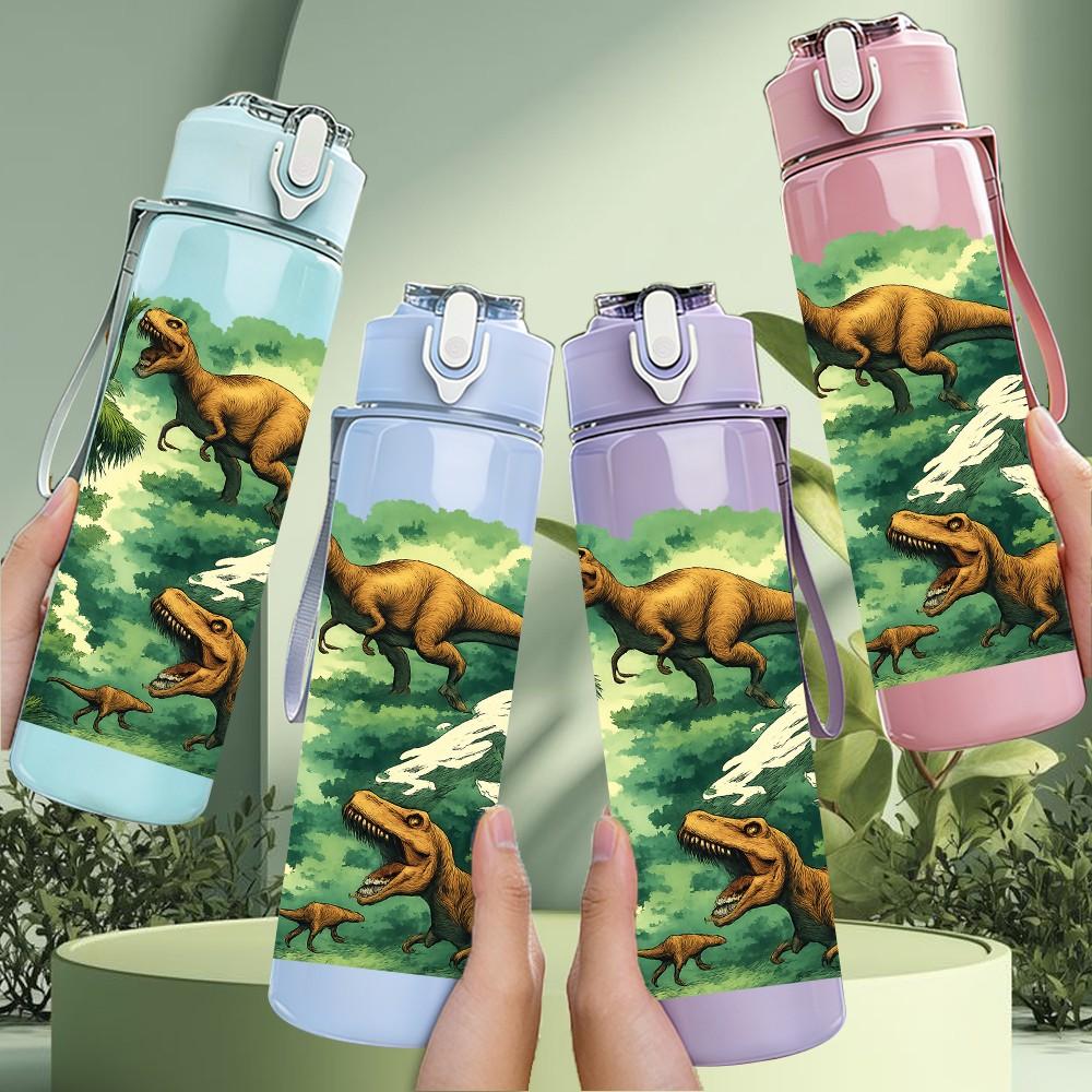 1PC Jungle Dinosaur Group Print 750ml Color Plastic Sports Water Bottle Leakproof Flip Straw Lid Suitable for Sports Office Home Use
