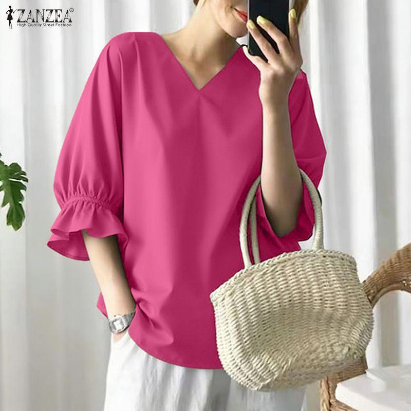 ZANZEA Summer Women V Neck 3/4 Sleeve Casual Loose Blouse