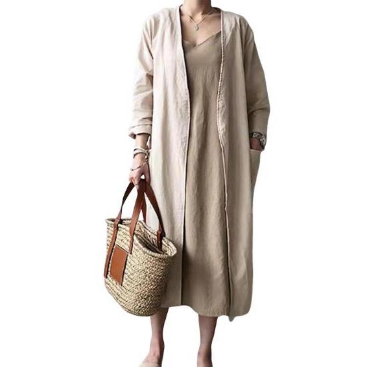 

Casual Summer Women Trench Coat Cotton Cardigan V Neck Long Sleeve Jacket Sun Protection Outwear Robe 3XL абрикосовий