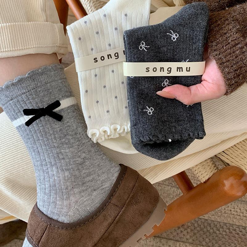 Grey Series "Boneless Socks Women's Mid-calf Socks Autumn and Winter Women's Bow Pile Socks