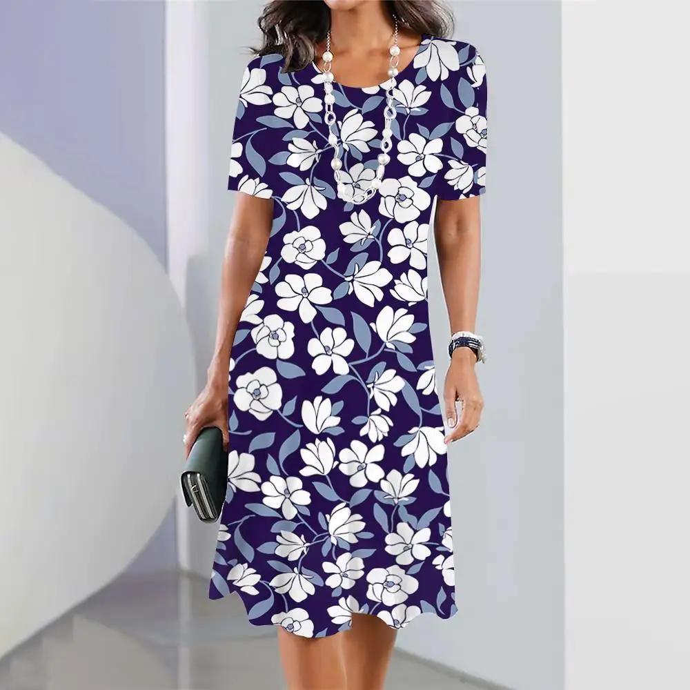 2026 Neue Mode Damen 3D Blumendruck Kleid Kurzärmelig Elegant O-Ausschnitt Kleid Streetwear Lockeres Kleid