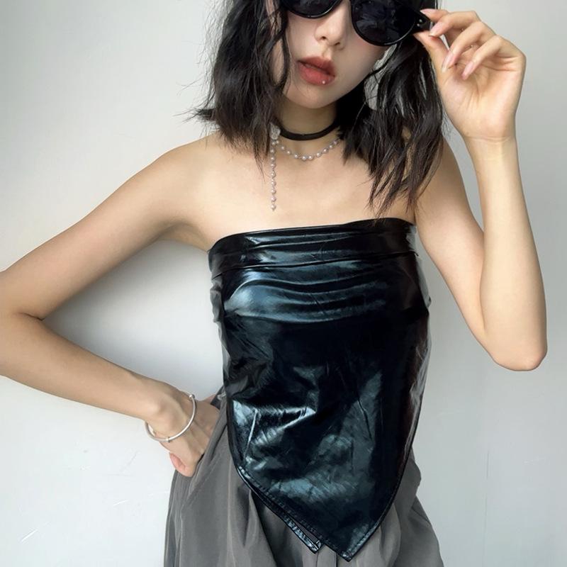 Luochi Black Leather Retro Y2K Headscarf & Bustier for Women