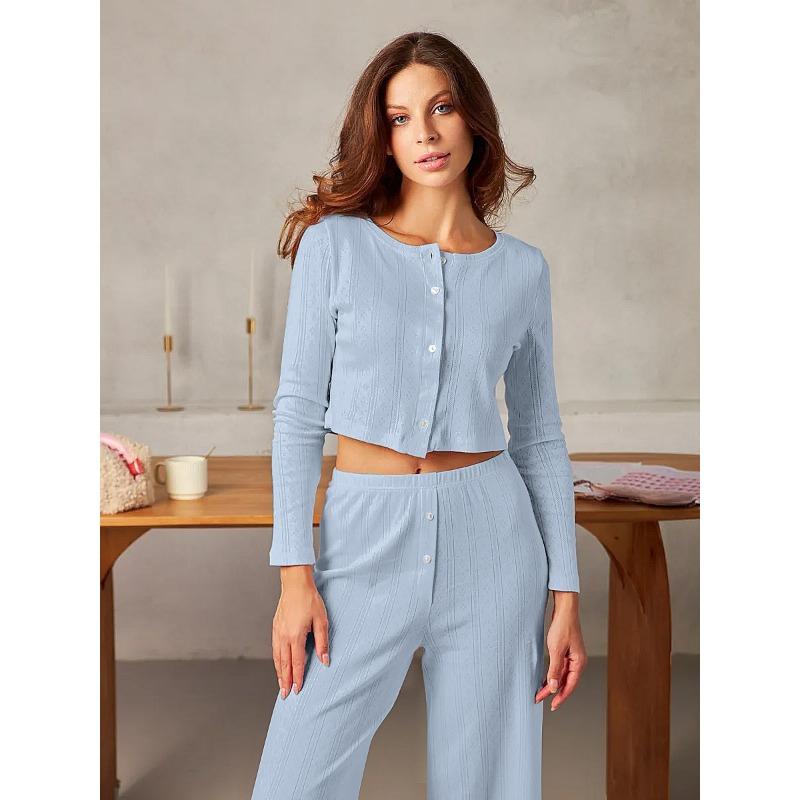 Women Long Sleeve Long Pants Hollow Out Jacquard Home Wear Pajama Set