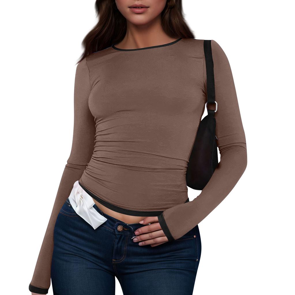 Women's Fashion Colour Blocking Round Neck Long Sleeve T-Shirt Top