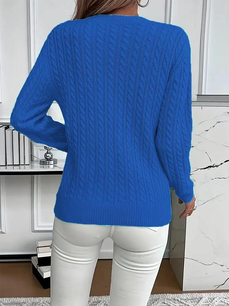 Women's Solid Color Cable Knit Crew Neck Sweater for Autumn/Winter 2025