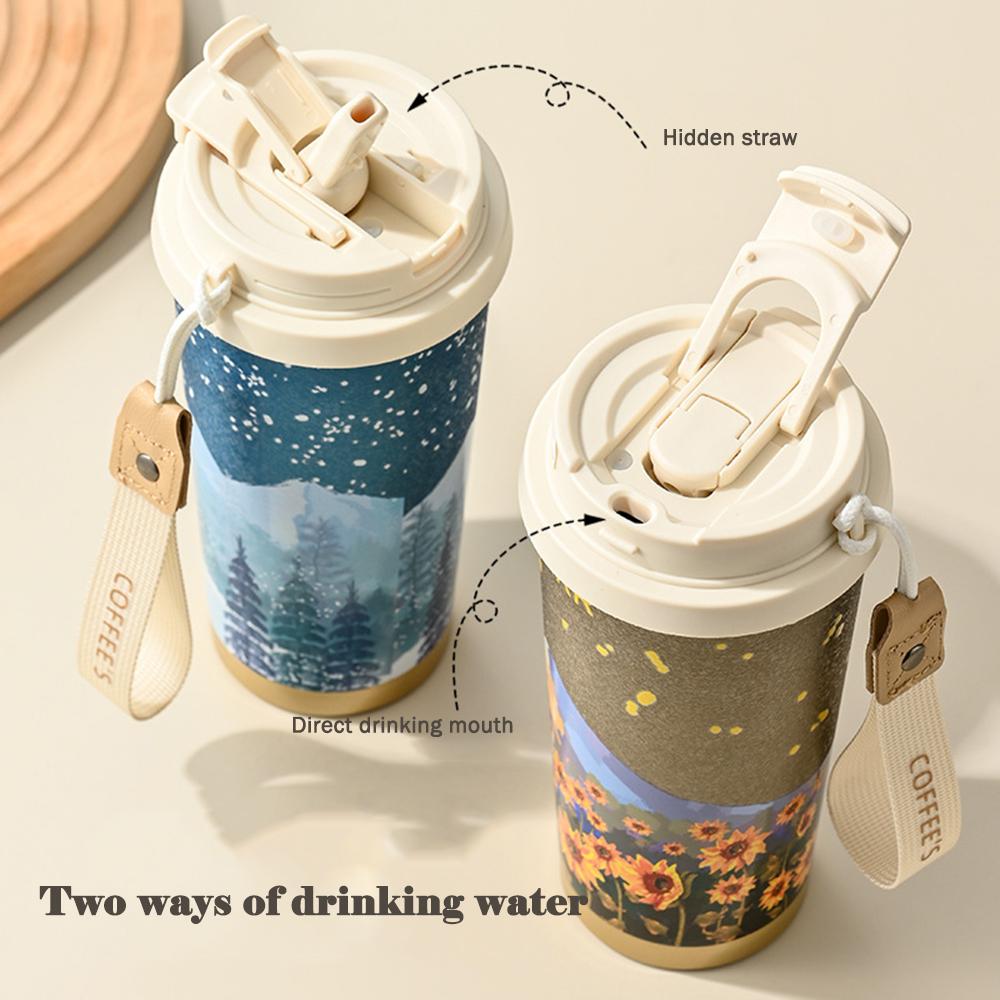 2025New Creative Titanium Covered Insulated Cup, Double Drinking Coffee Cup, Portable Straw Cup, 316 Stainless Steel Thermos Cup