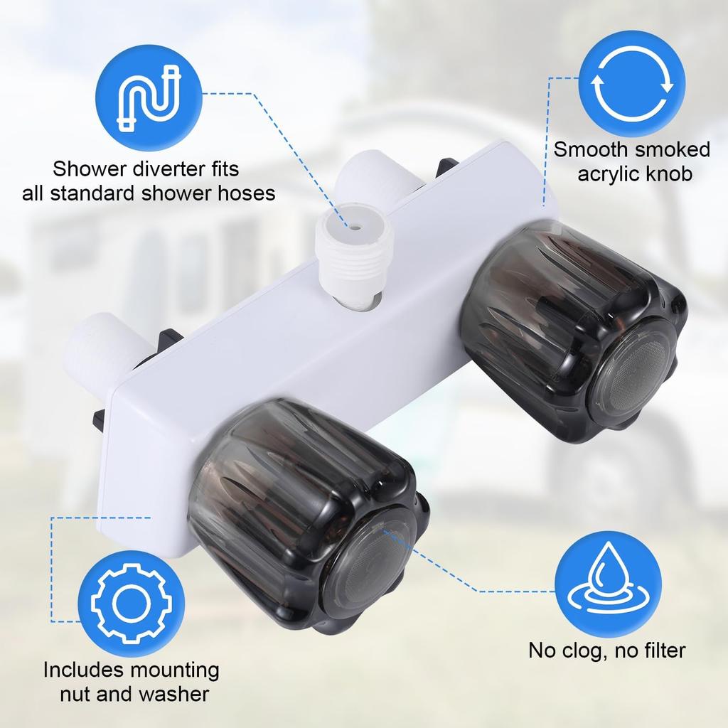 RV Shower Faucet, Camper Shower Faucet Replacement 4" RV Shower Valve Diverter with Dual Knobs Bathroom Shower Accessories Parts for Outside and