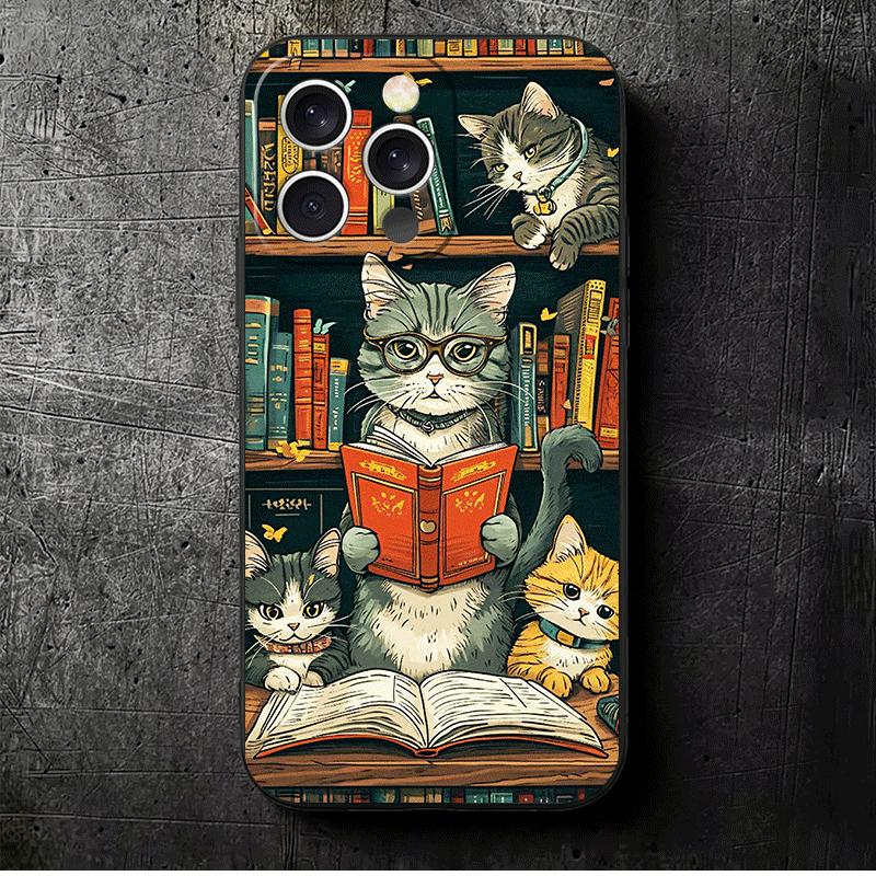 Cute Cat Bookshelf Interesting Soft Phone Case for iPhone 16 16E 17 Air 15 Pro Max 14 Plus 13 Mini 11 12 7 Black Cover Back Shel