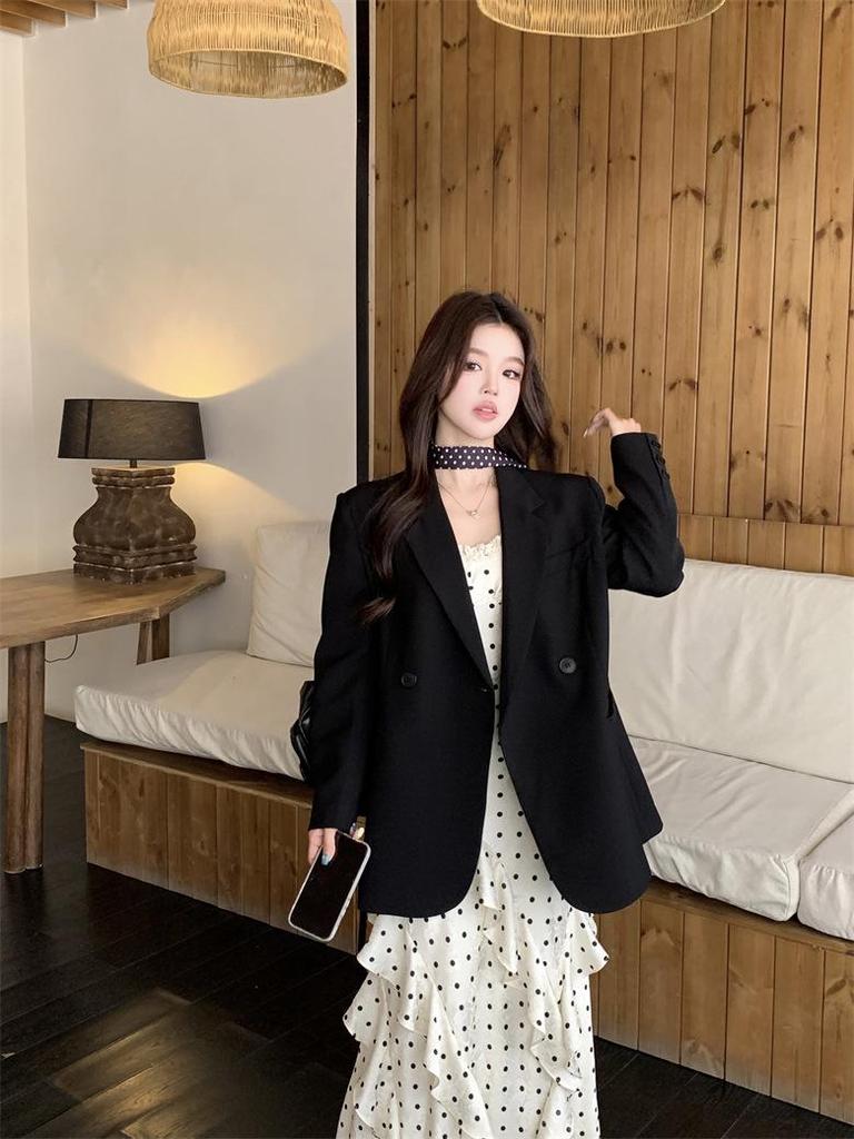 Elegant Plus Size Polka Dot Dress & Black Cardigan Set - Women's Spring/Summer Slimming Style