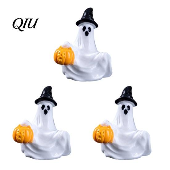 Outdoor Halloween Decoration 3Pcs Mini Resin Figurines, Miniature Pumpkin Ghost Grim Reaper Cake Topper Figure Castle Statue for Spooky Fairy Garden,