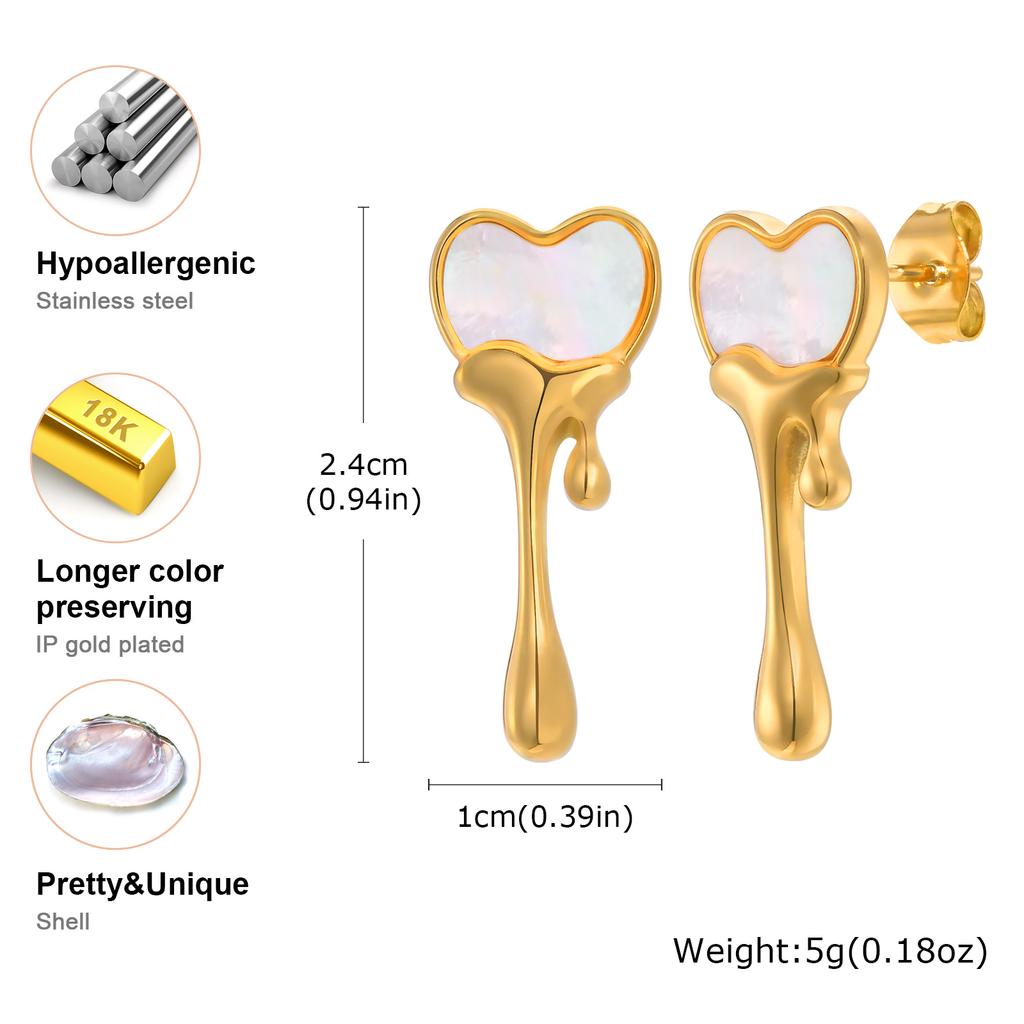 Stainless Steel Stud Earrings Full-gloss White Shell Heart-shaped Liquid Earring for Women Gold Color Chic Simple Jewelry Party
