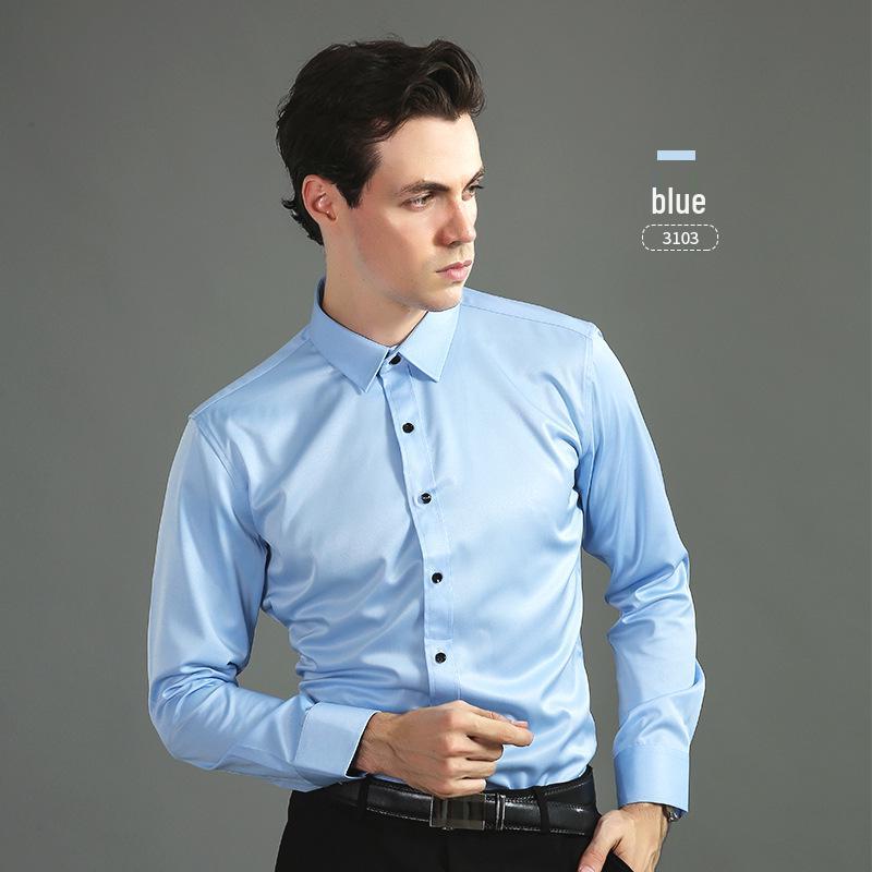 Men's Korean Style Slim Fit Solid Color Iron-Free Stretch Breathable Business Casual Long Sleeve White Shirt.
