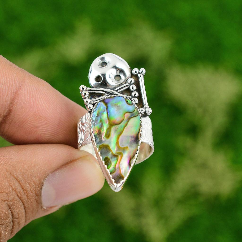 Natural Abalone Shell Skull And Bone Adjustable Ring 925 Silver For Women