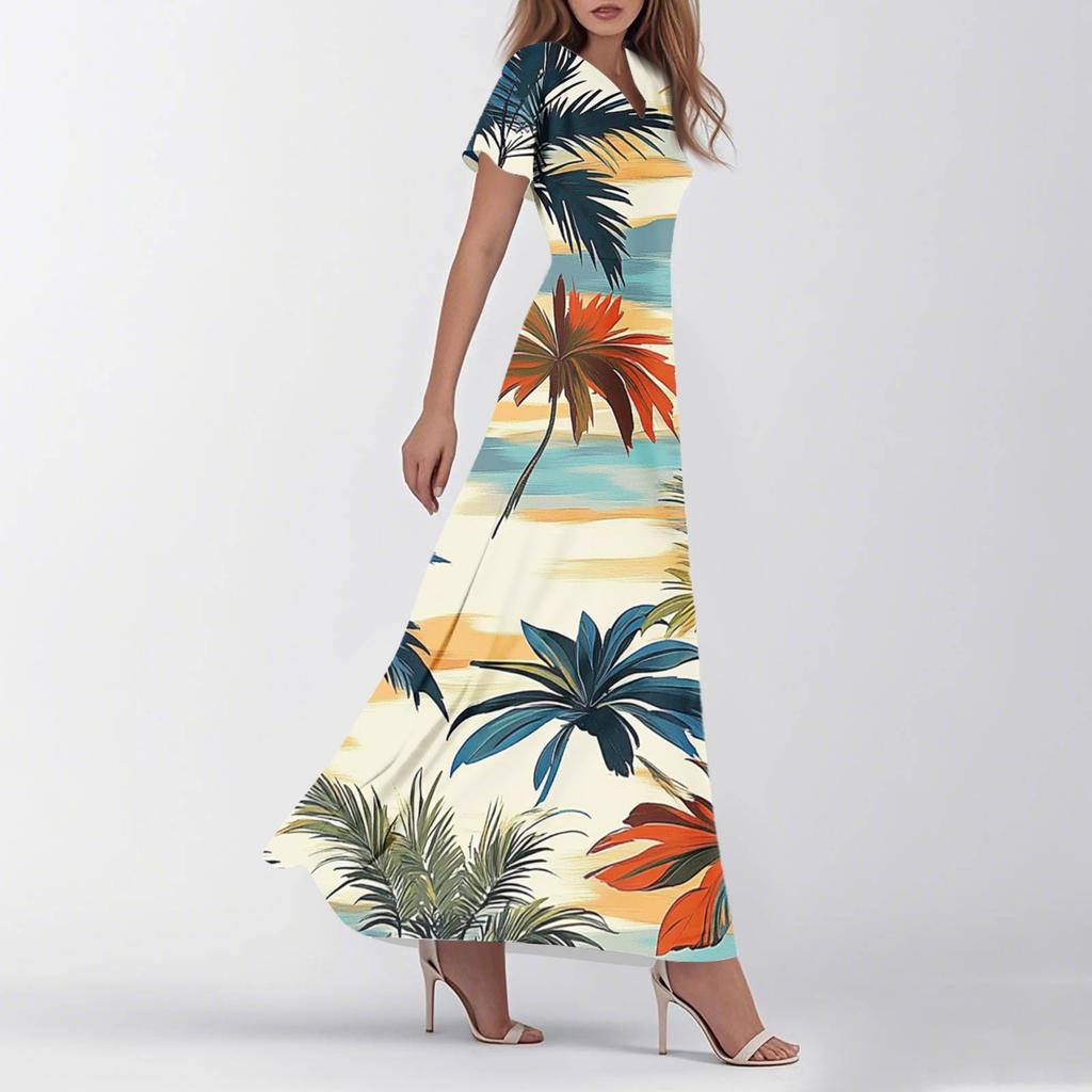 Dámské letní ležérní móda retro květinové šaty s výstřihem do V, krátkým rukávem