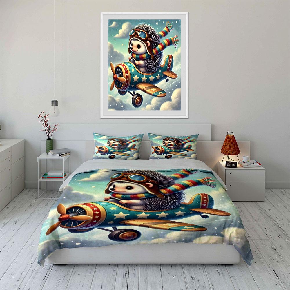 Hedgehog Flying Tiny Airplane Print Soft Comfortable Duvet Cover Bedding Set Included 1*Duvet Cover 2*Pillowcases Luxury Gift