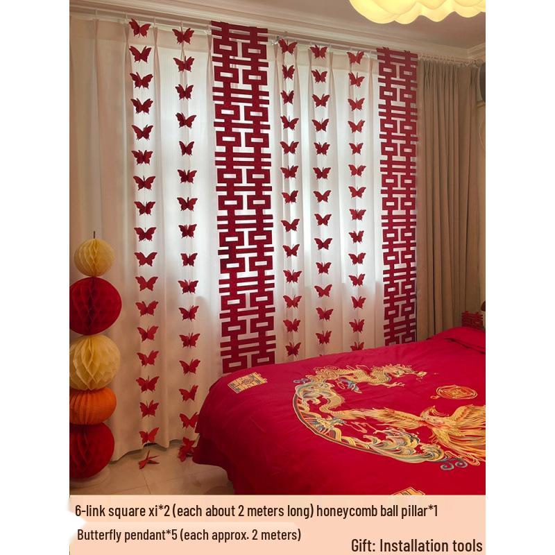 3D Butterfly Wedding Room Decoration Set: Double Happiness Curtains and Pull Flower Ornaments