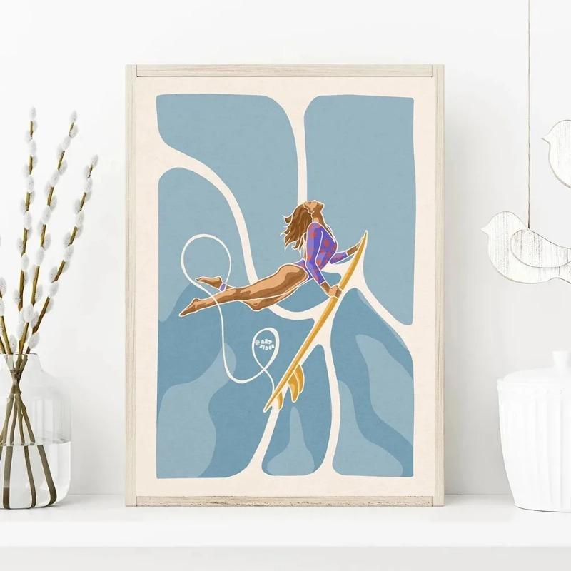 Abstrakte Meereslandschaft Strand Mann Mädchen Surfen Welle Surfbretter Auto Wandkunst Poster und Druck Leinwandmalerei Bilder Heimdekor