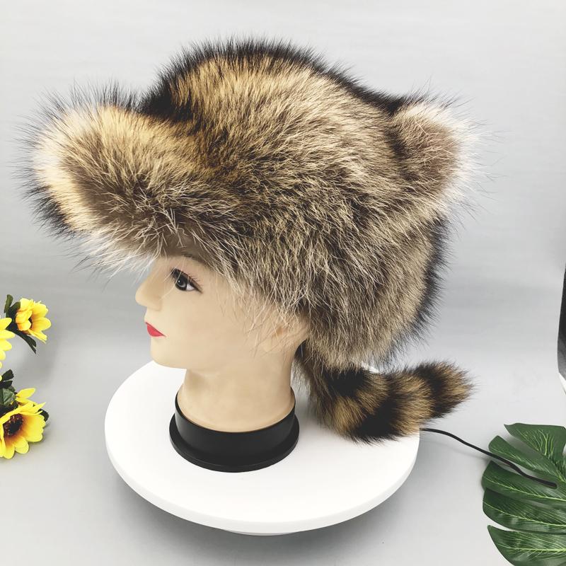 Fluffy Raccoon Fur Hat Women Winter Warm Outdoor Brim Ear Fur Cap Tail Girl Boys Funny Hats